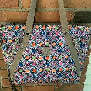 Kipling multicolored geometric patterned fabric shoulder/crossbody tote bag